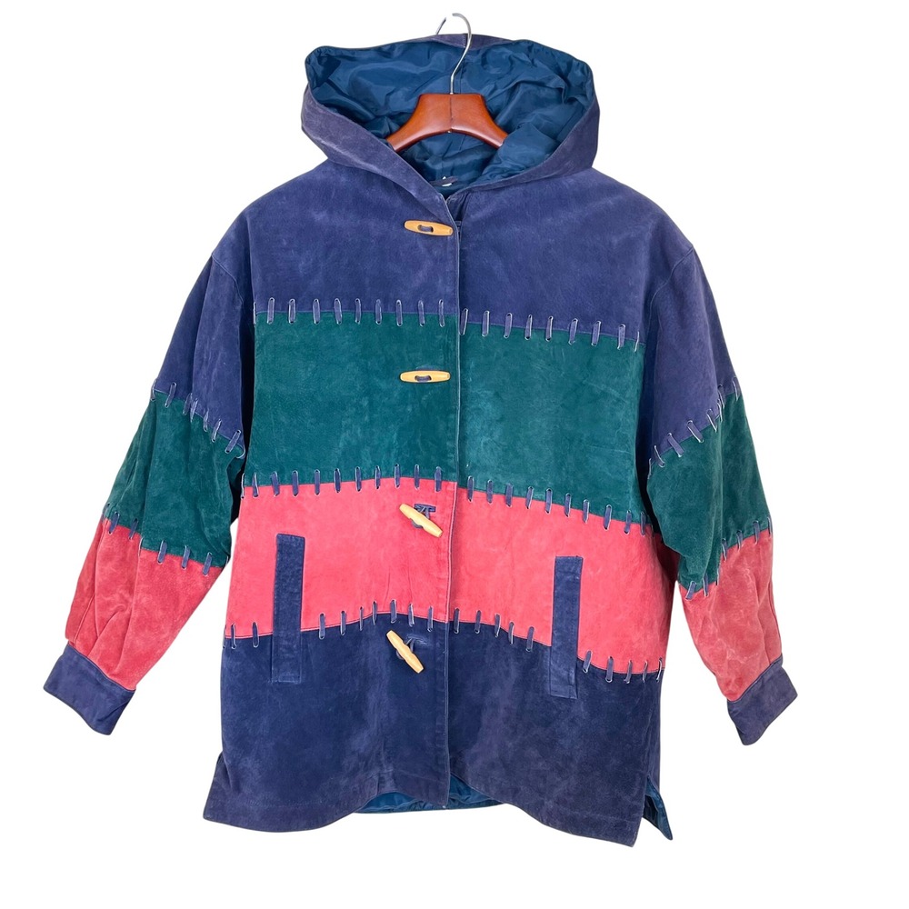 Vtg Deerskin Womens Jacket Sz M Hooded Parka Suede Maximalist Colorful Statement - Picture 2 of 11
